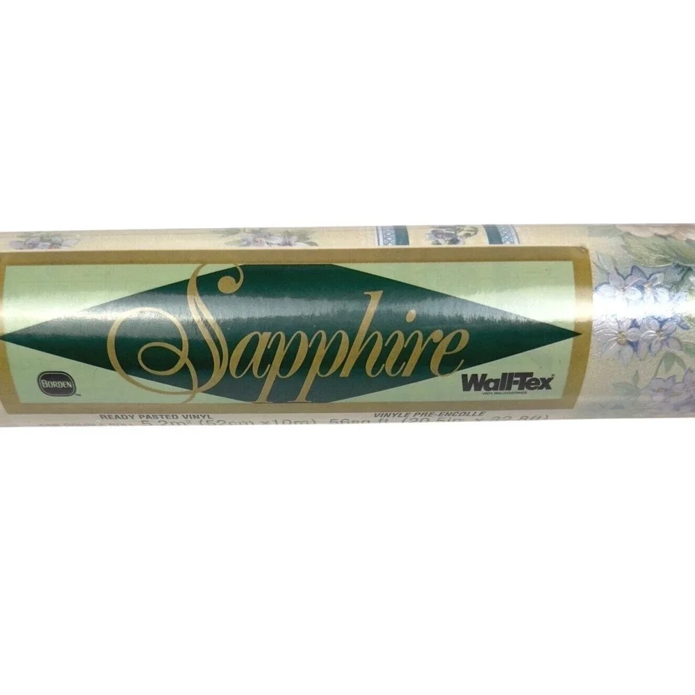 Vtg Sapphire Wallpaper Iridescent Floral Double Roll Ready Pasted 87802 NOS
